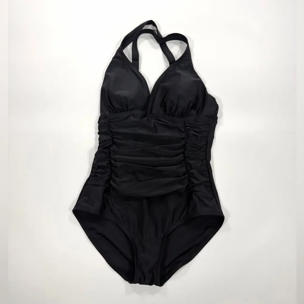 Black Halter One-Piece Swimsuit with ruched waist L